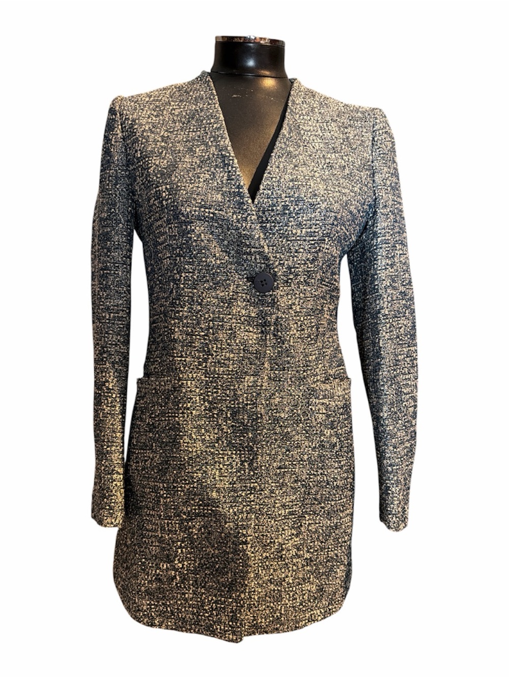 Zara Textured Metallic Knit Longline Blazer Jacket Silver Black Size l